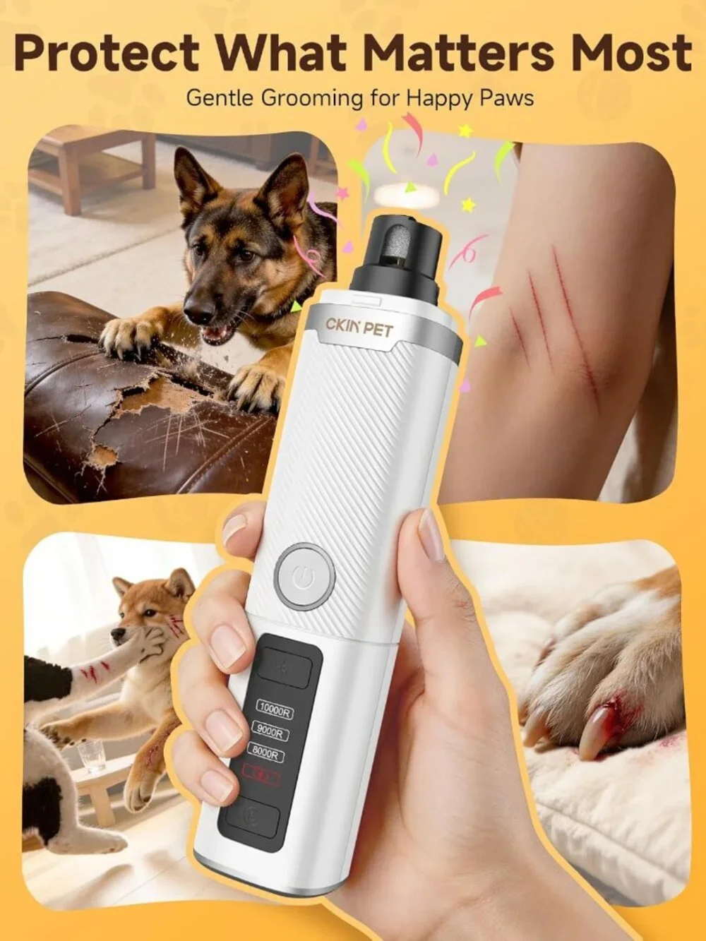 Quiet Electric Dog Nail Grinder with LED Lights, 3-Speed Rechargeable Pet